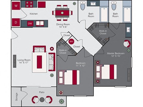 Floor plan for 2 beds, 2 baths, 1121 sqft